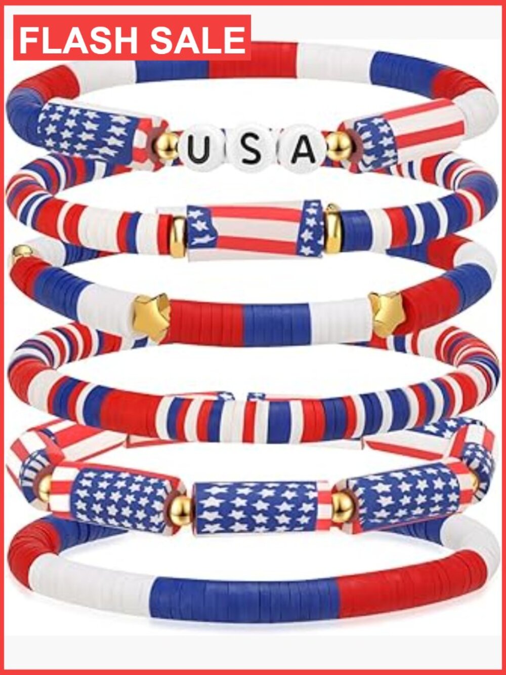 Patriotic Stretch Bracelet Set with USA Beads Stars Set of 6 for Women Men